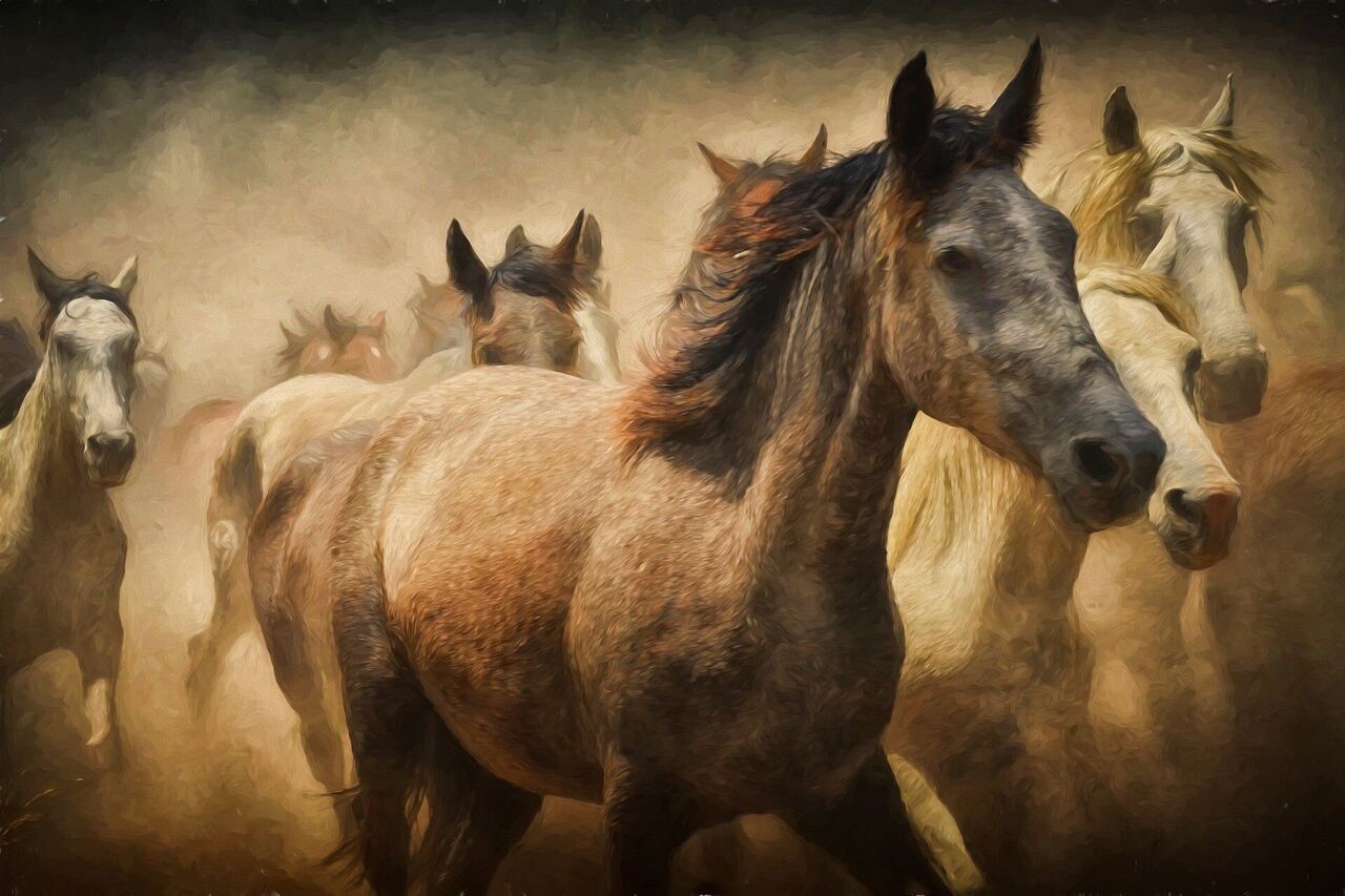 A painting of a herd of horses running through golden dust
